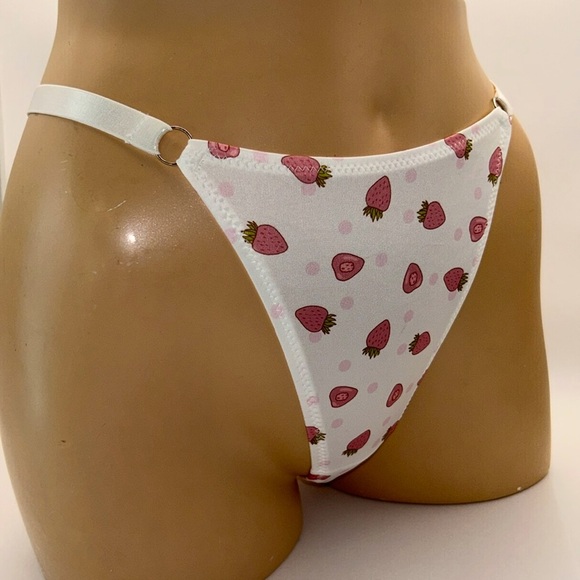Silky Liquid Satin Pink Strawberry & Polka Dot‎ Stretchy White Thong Panties NEW - Picture 1 of 11
